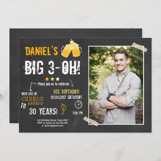 サプライズパーティー応援とビール誕生日30th男性 招待状 (正面/裏面)