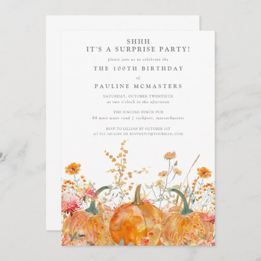 サプライズパーティー第100誕生日カボチャ野花 招待状 (正面/裏面)