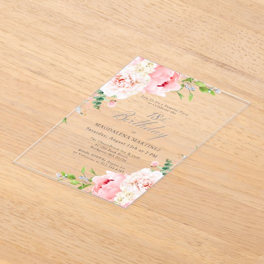 サプライズパーティー第18誕生日ピンク牡丹フローラ アクリル招待状 (レイダウン)