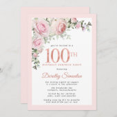 サプライズパーティー100番目の誕生日赤面ピンクフローラ 招待状 (正面/裏面)