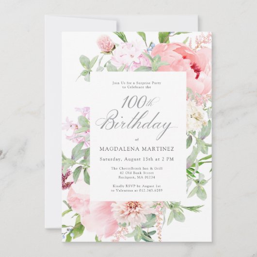 サプライズパーティー100誕生日エレガントピンク牡丹 招待状 (正面)
