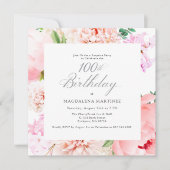 サプライズパーティー100誕生日ピンクフローラスクエア 招待状 (正面)