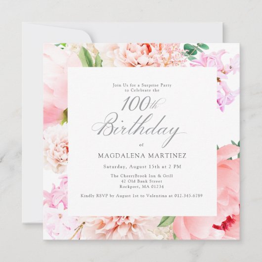 サプライズパーティー100誕生日ピンクフローラスクエア 招待状 (正面)