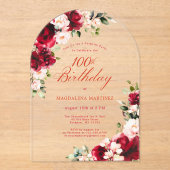 サプライズパーティー100誕生日レッドピンクフローラアーチ アクリル招待状 (正面)