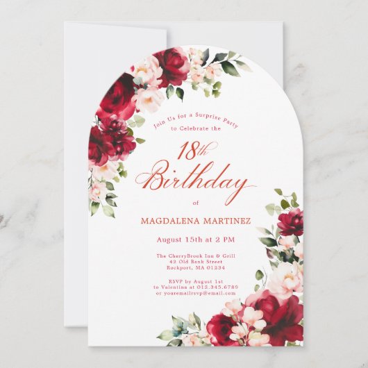 サプライズパーティー18誕生日レッドピンクフローラアーチ 招待状 (正面)