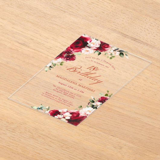 サプライズパーティー18誕生日レッドローズピンク牡丹 アクリル招待状 (レイダウン)