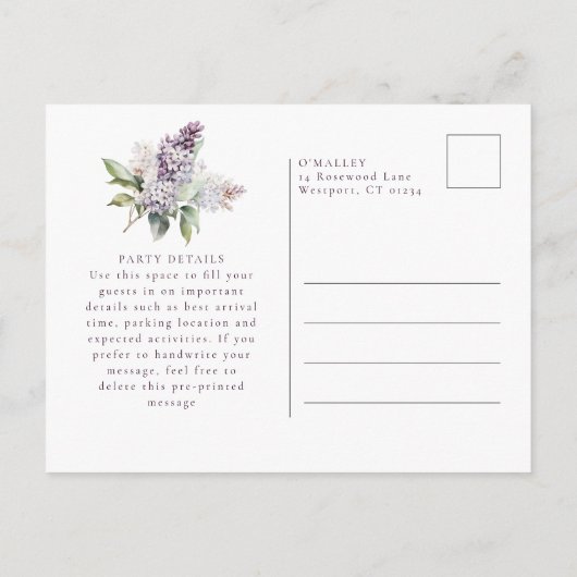 サプライズパーティー18誕生日紫薄紫フローラ インビテーションポストカード (裏面)