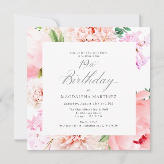 サプライズパーティー19誕生日ピンクフローラスクエア 招待状 (正面)