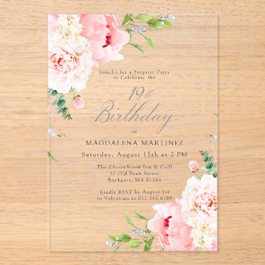 サプライズパーティー19誕生日ピンク牡丹フローラ アクリル招待状 (正面)