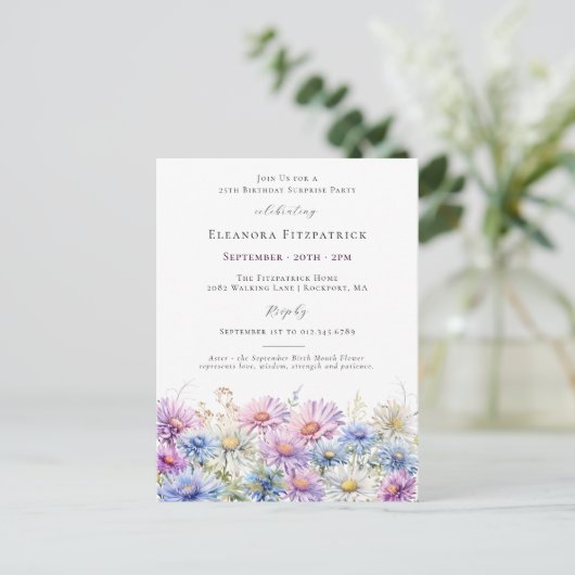 サプライズパーティー25誕生日9月誕生花 インビテーションポストカード (スタンド正面)