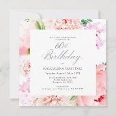 サプライズパーティー60誕生日ピンクフローラスクエア 招待状 (正面)