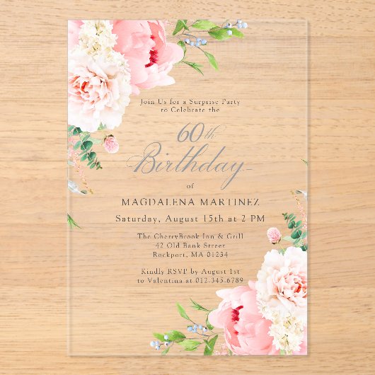 サプライズパーティー60誕生日ピンク牡丹フローラ アクリル招待状 (正面)