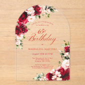 サプライズパーティー65誕生日レッドピンクフローラアーチ アクリル招待状 (正面)
