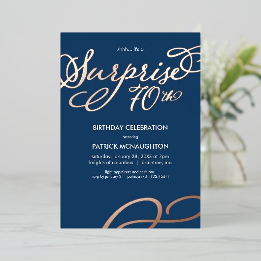 サプライズパーティー70誕生日ゴールドフォイル招待状 箔招待状 (立ち正面)