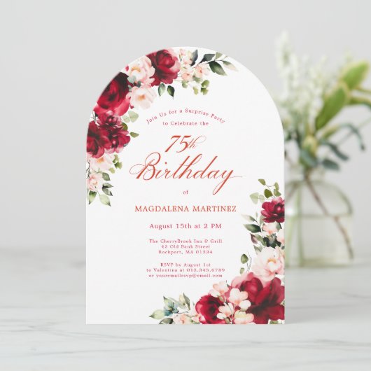 サプライズパーティー75誕生日レッドピンクフローラアーチ 招待状 (スタンド正面)