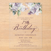 サプライズパーティー75誕生日紫薄紫フローラ アクリル招待状 (正面)