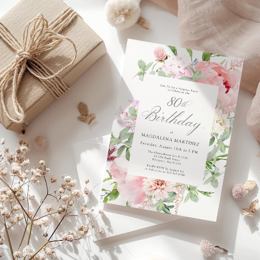 サプライズパーティー80誕生日エレガントピンク牡丹 招待状