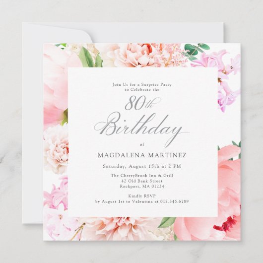サプライズパーティー80誕生日ピンクフローラスクエア 招待状 (正面)