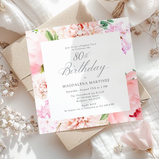サプライズパーティー80誕生日ピンクフローラスクエア 招待状