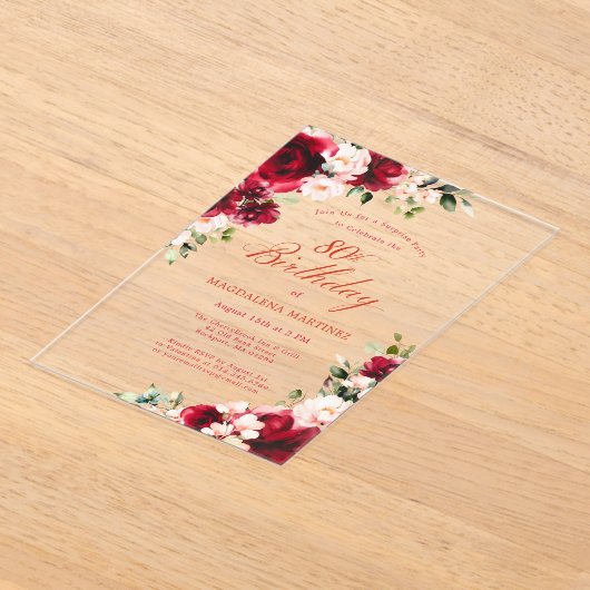 サプライズパーティー80誕生日レッドローズピンク牡丹 アクリル招待状 (レイダウン)