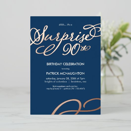 サプライズパーティー90誕生日ゴールドフォイル招待状 箔招待状 (立ち正面)
