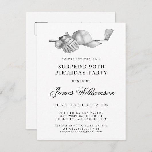 サプライズパーティー90th誕生日ゴルフテーマ インビテーションポストカード (正面/裏面)