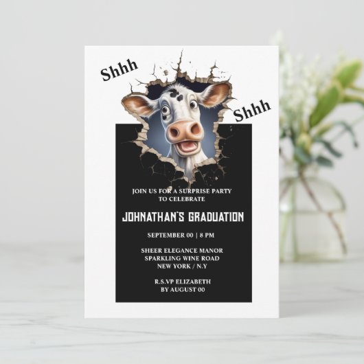 サプライズパーティー |フォトグラーおもしろいド付きマンガ牛 招待状 (スタンド正面)