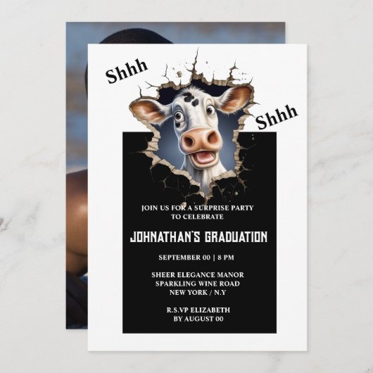 サプライズパーティー |フォトグラーおもしろいド付きマンガ牛 招待状 (正面/裏面)