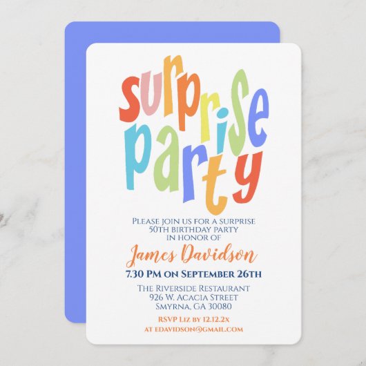 サプライズパーティー モダン タイポグラフィー 招待状 (正面/裏面)