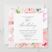 サプライズパーティー 18歳の誕生日 ピンクの花柄スクエア 招待状 (正面)