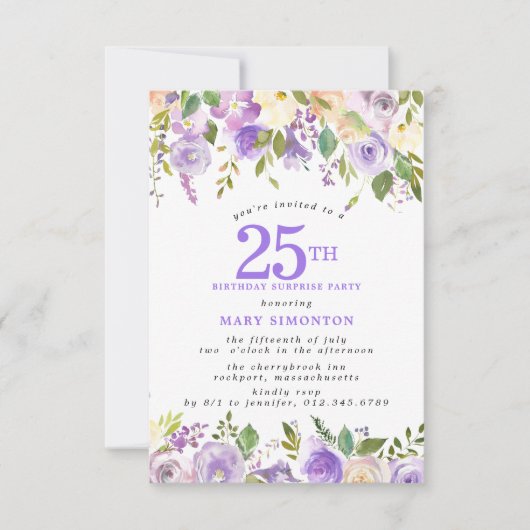 サプライズパーティー 25歳の誕生日 Pretty Purple Floral 招待状 (正面)