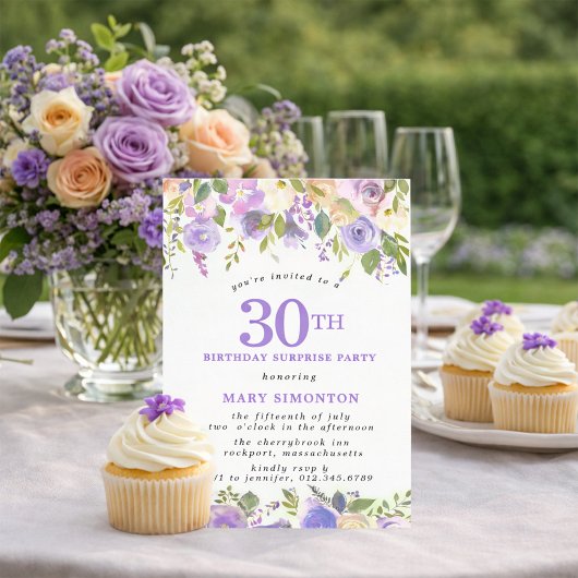 サプライズパーティー 30歳の誕生日 Pretty Purple Floral 招待状