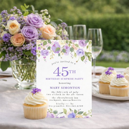 サプライズパーティー 45歳の誕生日 Pretty Purple Floral 招待状
