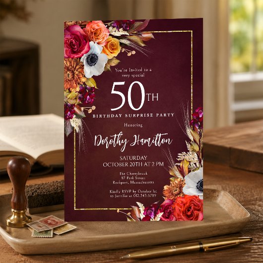 サプライズパーティー 50歳の誕生日 ブルゴーニュの秋の花 招待状
