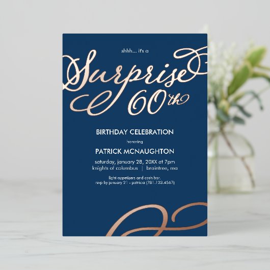 サプライズパーティー 60歳誕生日 ゴールド箔 招待状 (立ち正面)