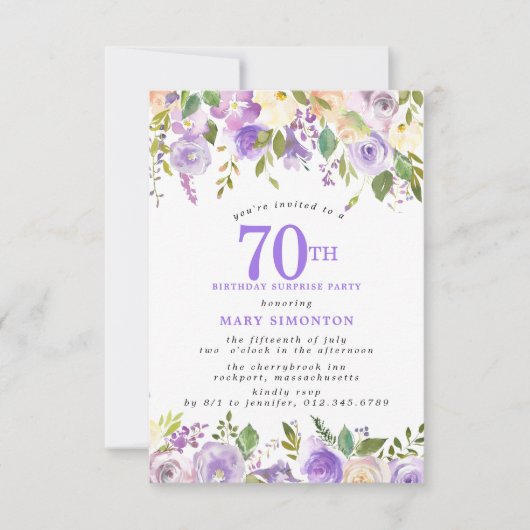 サプライズパーティー 70歳の誕生日 Pretty Purple Floral 招待状 (正面)