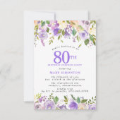 サプライズパーティー 80歳の誕生日 紫の花のデザイン 招待状 (正面)