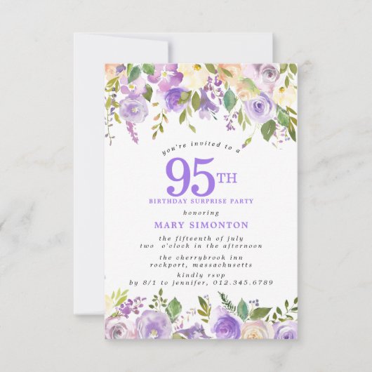 サプライズパーティー 95歳の誕生日 Pretty Purple Floral 招待状 (正面)