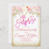 サプライズピンクと金ゴールドの退職パーティー 招待状 (正面)