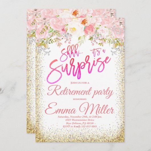 サプライズピンクと金ゴールドの退職パーティー 招待状 (正面/裏面)