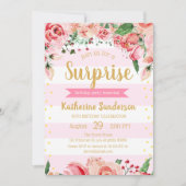 サプライズフローラ赤面ストライプピンクの誕生日パーティー 招待状 (正面)