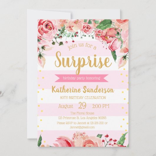 サプライズフローラ赤面ストライプピンクの誕生日パーティー 招待状 (正面)