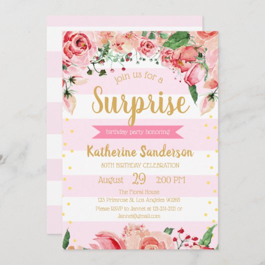 サプライズフローラ赤面ストライプピンクの誕生日パーティー 招待状 (正面/裏面)