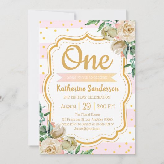 サプライズフローラ赤面ストライプピンクの誕生日パーティー 招待状 (正面)