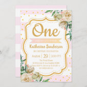 サプライズフローラ赤面ストライプピンクの誕生日パーティー 招待状 (正面/裏面)