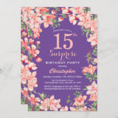 サプライズフローラ15誕生日ピンク花紫色 招待状 (正面/裏面)