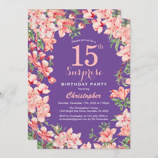 サプライズフローラ15誕生日ピンク花紫色 招待状 (正面/裏面)