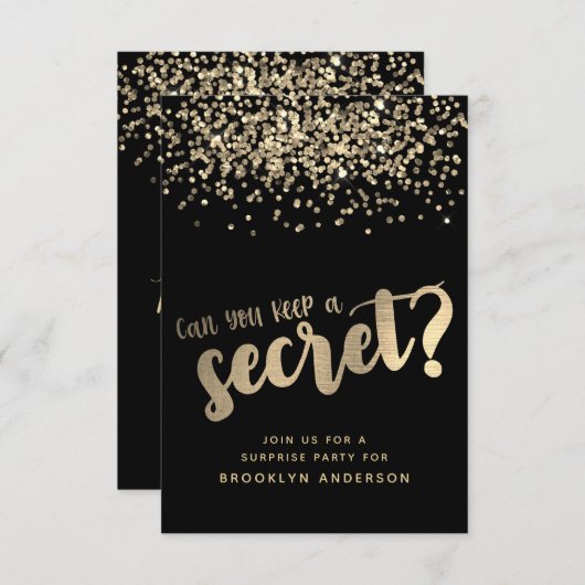 サプライズブラック金ゴールドグリッター誕生日 招待状 (正面/裏面)