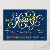 サプライズモダンブルー赤ちゃんシャワー金ゴールドプレス 箔招待状 (正面)