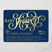 サプライズモダンブルー赤ちゃんシャワー金ゴールドプレス 箔招待状 (正面)